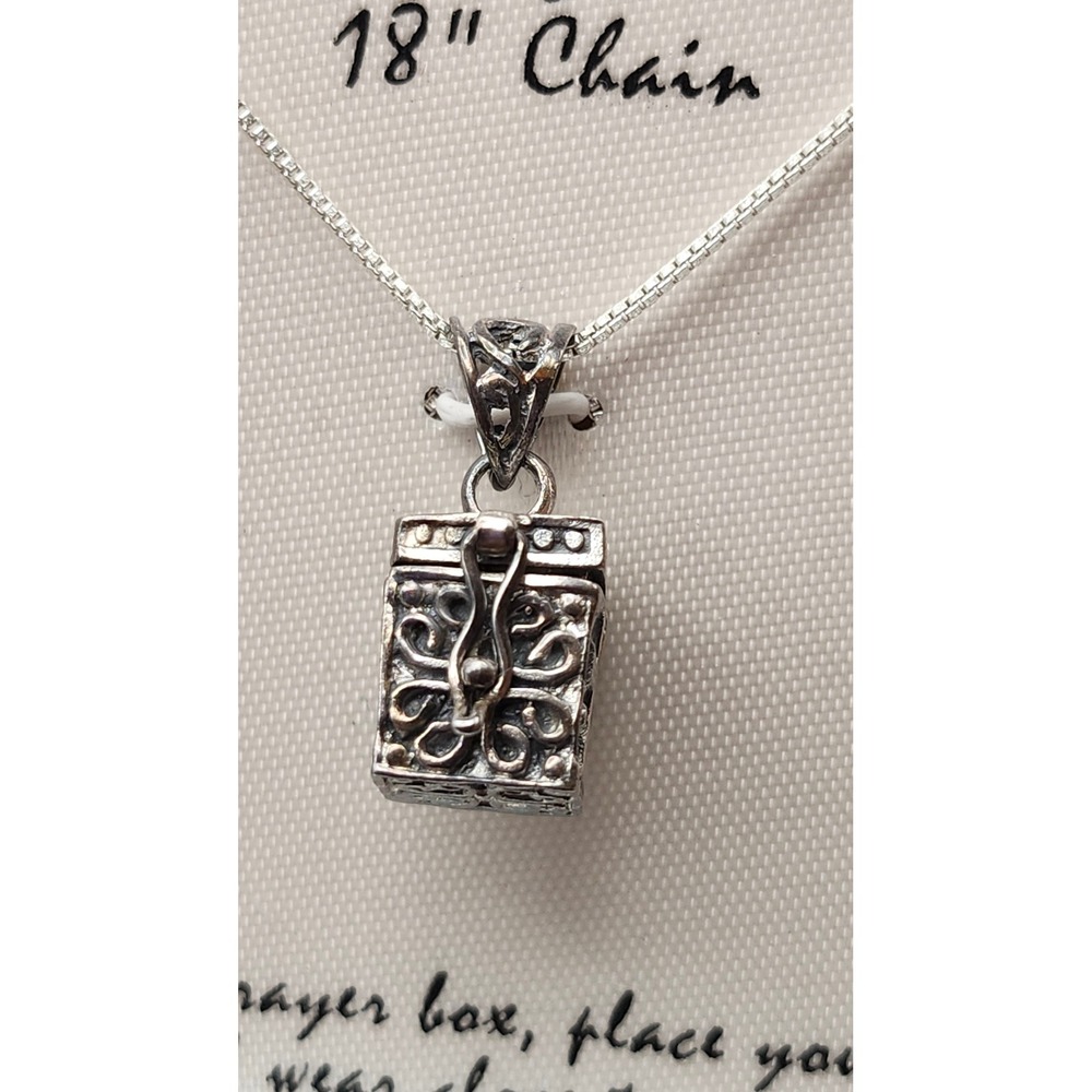Sterling Silver Prayer Box Pendant with Cross 18" Box Chain Necklace